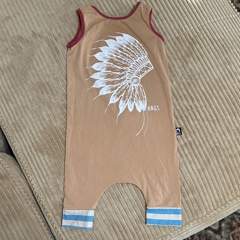 RAGS Tan Sleeveless Romper with Feather Print 2T